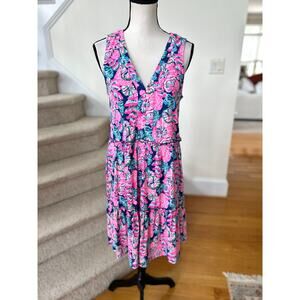 Lilly Pulitzer Lorina Oyster Bay Pink Navy Tiered Sleeveless V-Neck Shift Dress